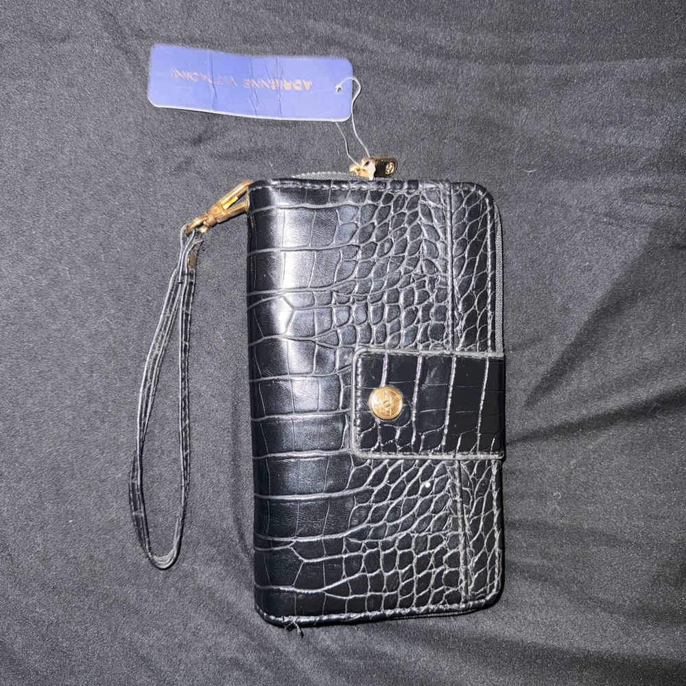 Adrienne Vittadini Black Croc Embossed Wristlet
